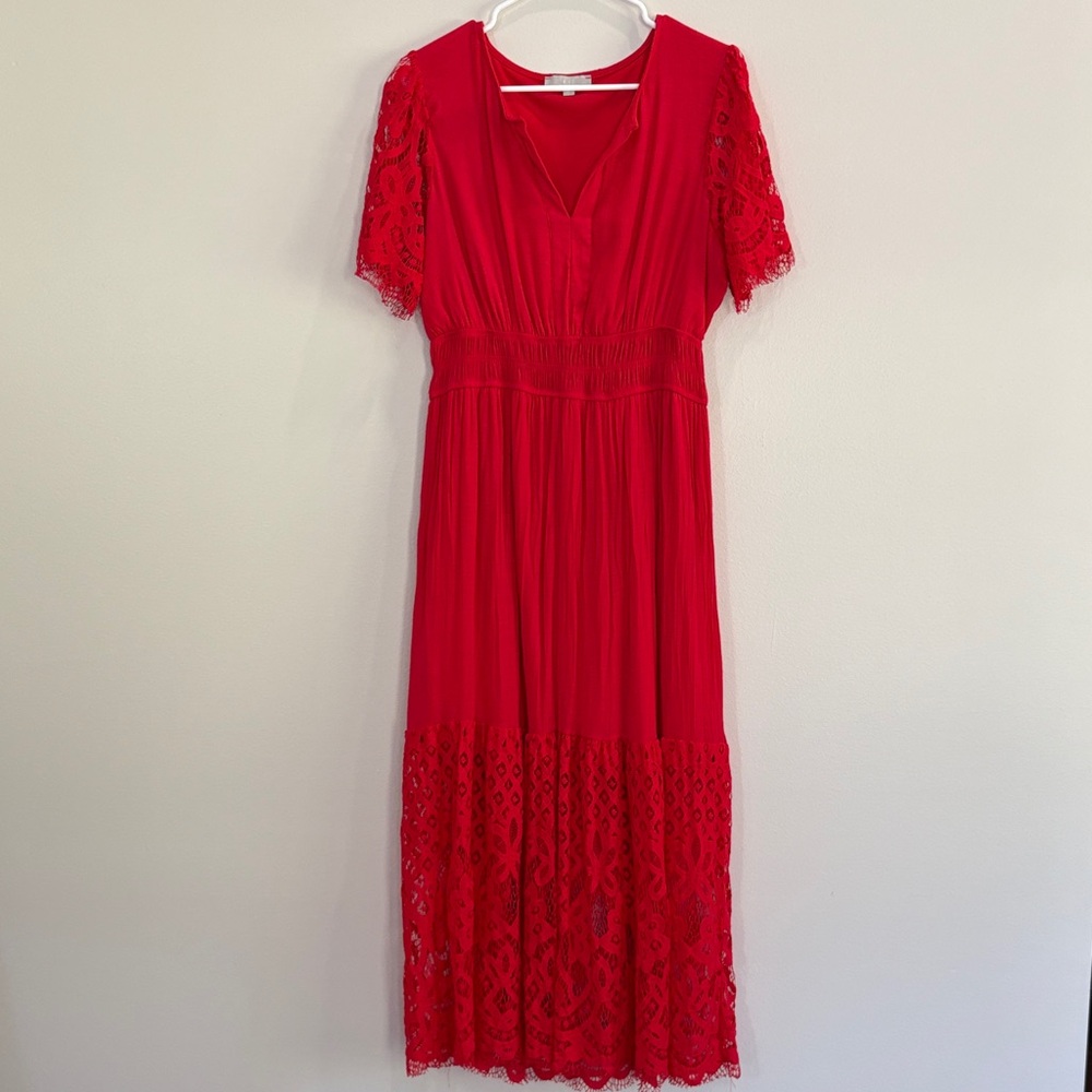 Chic Scarlet Lace Midi Dress